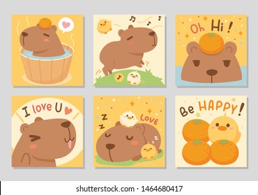 Cute happy capybara together with little friends, duckling and oranges. Fresh yellow theme. Set of square gift tag, card, badge. Vector illustration.
