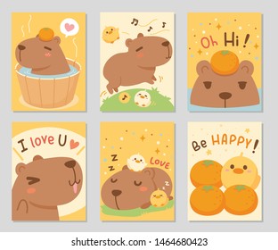 Cute happy capybara together with little friends, duckling and oranges. Fresh yellow theme. Set of rectangle, badge, button pin. Vector illustration.
