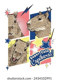 Cute and happy capybaras faces print t shirt. Vector illustration.