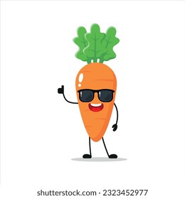 El personaje de zanahoria feliz lindo usa gafas de sol. Divertido emoticono de dibujos animados de amigos de zanahoria en estilo plano. ilustración vectorial de emoji vegetal