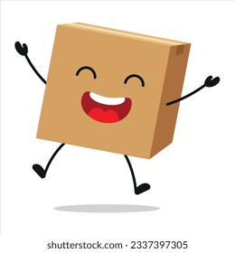 Cute happy carton box character. Funny celebration jump package cartoon emoticon in flat style. cardboard emoji vector illustration