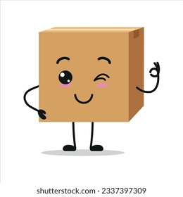 Cute happy carton box character. Funny smiling and blink package cartoon emoticon in flat style. cardboard emoji vector illustration