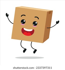 Cute happy carton box character. Funny jump package cartoon emoticon in flat style. cardboard emoji vector illustration