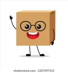 Cute happy carton box character. Smiling and greet package cartoon emoticon in flat style. cardboard emoji vector illustration