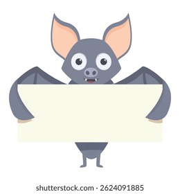 Cute happy cartoon bat holding blank sign over white background