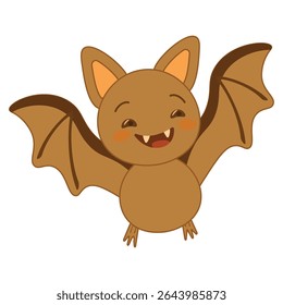 Cute and happy cartoon bat illustration in Halloween theme. Fun vector design with smiling bat character, isolated on white background, perfect for party decor, kids graphics and stickers.