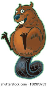 A cute happy cartoon beaver balancing on its flat tail. This vector clip art features halftone screens for shading, but these are on a separate layer for easy removal.