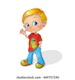 Cute happy cartoon boy character vector illustration. Cheerful smiling schoolboy (preschooler) casual lifestyle. Friendly little boy waving hand.
