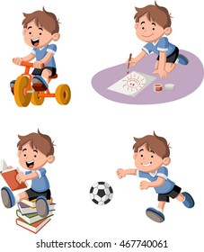 Cute happy cartoon boy playing. Sports and toys.
