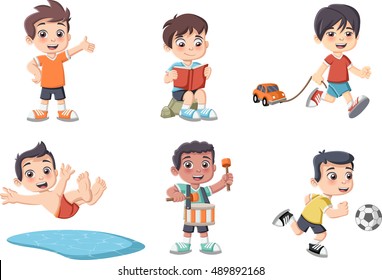Cute happy cartoon boys playing. Sports and toys.

