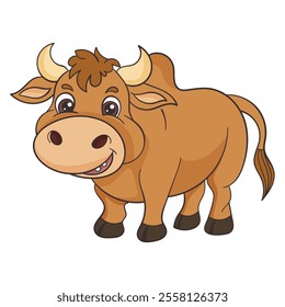 A cute and happy cartoon bull character with horns