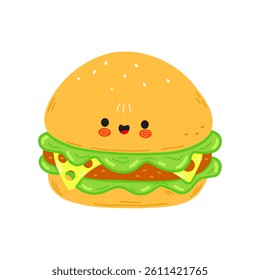 A cute and happy cartoon Burger with a smiling face, perfect for food-related designs.