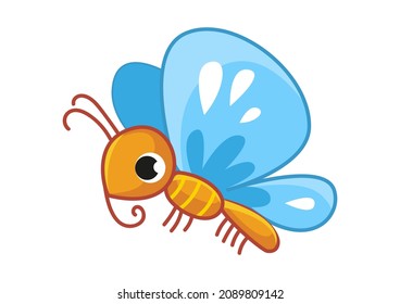 Cute happy cartoon butterfly with blue wings. Baby moth flies and smiles. Small insect in motion. Cheerful insect. Colored flat vector illustration of a cute pet isolated on white background.