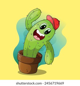 Cute happy cartoon cactus with a hat in a plant pot. kawaii succulent with colorful blue, green, and yellow background.
