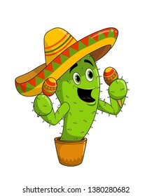 Cute happy cartoon cactus wearing sombrero and playing maracas, isolated on white background. Vector Illustration. Symbols of holiday