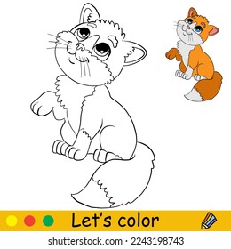 Cute happy cartoon cat character. Coloring book page with color template for children. Vector cartoon illustration isolated on white background. For coloring book, education, print, game.