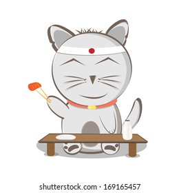 cute happy cartoon cat Japanese eat fish at the table. vector