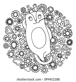 Cute,  happy cartoon cat in love, lying on a flower carpet with little hearts, zentangle page for adult colouring book or self colouring card, vector design for  Valentine's day