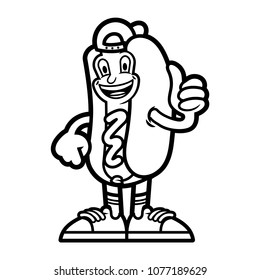Cute happy cartoon character American line hot-dog which stand and show thumb up like it. Dressed up in cap and fashionable sneakers. Modern illustration mascot logo for kids coloring or print design