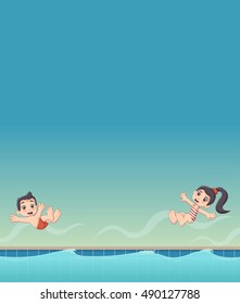 Cute happy cartoon children jumping into a swimming pool. 
