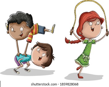 Cute happy cartoon children playing. Leapfrog and skip rope.