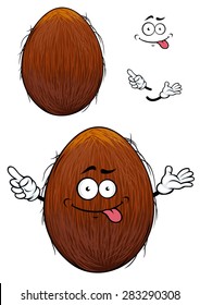 Cute happy cartoon coconut with a cheesy grin and its tongue protruding and arms with a second plain variant with no face and separate elements