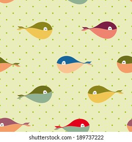 cute happy cartoon colorful whale seamless pattern on polka dot background