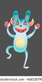 Cute Happy cartoon comic halloween blue monster. Halloween vector character. Rabbit with horns. Jackalope - jackrabbit.