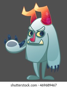 Cute Happy cartoon comic halloween blue monster. Halloween vector character. Yeti with horns.