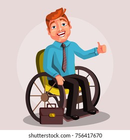 Cute, happy, cartoon disabled men character in a wheelchair, succesful businessman showing the thumbs up. Business and work for disabled people