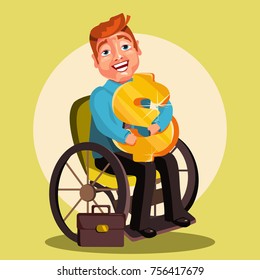 Cute, happy, cartoon disabled men character on a wheelchair hugs golden dollar sign in a business suit. Business and work for disabled people concept. Abilities, disabilities. Work, business success