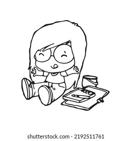 Cute happy cartoon doodle girl kids, child drawing sketch, children character isolated Vector Illustration on white background