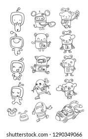 Cute happy cartoon doodle Robot, Group of Robot drawing sketch,  Vector Illustration