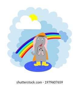 cute, happy cartoon elephant in a raincoat standing in a puddle in boots, rainbow. vector flat illustration
