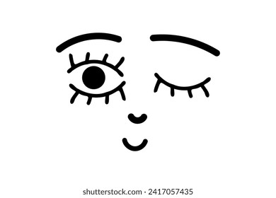 Cuidados ojos alegres de caricatura, sonrisa, contornos negros en la cara sobre el fondo blanco. Ilustración vectorial.