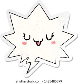 cute happy cartoon face with speech bubble distressed distressed old sticker
