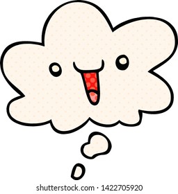 cute happy cartoon face with thought bubble in comic book style