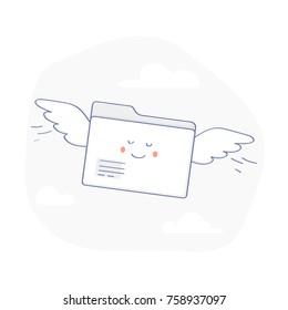 Una alegre carpeta de dibujos animados con alas vuela en el cielo. Envío de datos, documentos, archivos, transferencia de datos. Ilustración vectorial de esquema plano. 