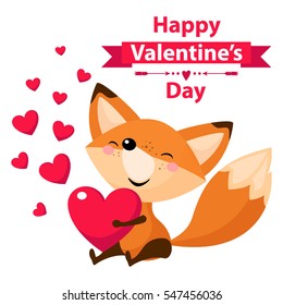Cute and happy cartoon fox with heart.Vector illustration for happy valentines day card. Isolated on white background
