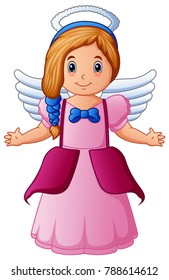 Cute happy cartoon girl angel with white wings flying