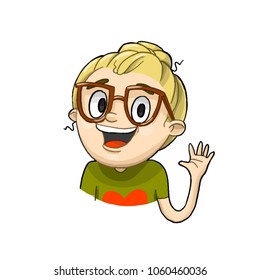 Cute happy cartoon girl smiling and greeting. Vector hand drawn character waving hand. 