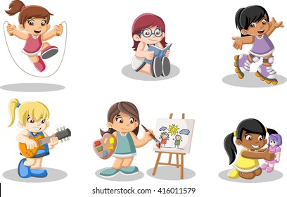 Cute happy cartoon girls playing. Sports and toys.