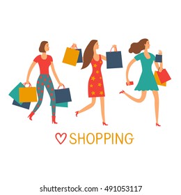 Cute happy cartoon girls walking with shopping bags .Sale and shopping illustration for your design