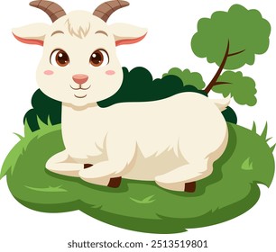 Cute happy cartoon goat sitting on grassland