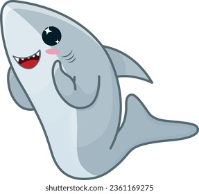 Cute happy cartoon grey shark. Vector illustration isolated on white background