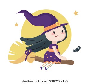 Cute happy cartoon Halloween witch fantasy character wearing costume flying on broomstick over full moon in sky vector illustration. Magic hallows eve in autumn season