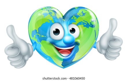A cute happy cartoon heart shaped earth world mascot character giving a thumbs up