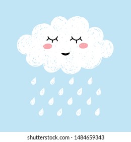 Cute happy cartoon kawaii cloud on blue background with rain drops. Dreaming cloud vector illustration