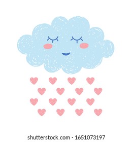 Cute happy cartoon kawaii cloud on white background with heart shaped rain. Dreaming cloud vector illustration