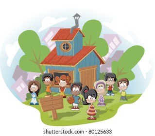 Cute Happy Cartoon Kids In Front Of Wood Club House